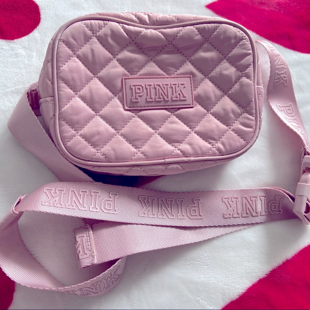 PINK - Victorias Secret Pink Belt Bag - Fanny Pack Zipper Close Graphic Quilted